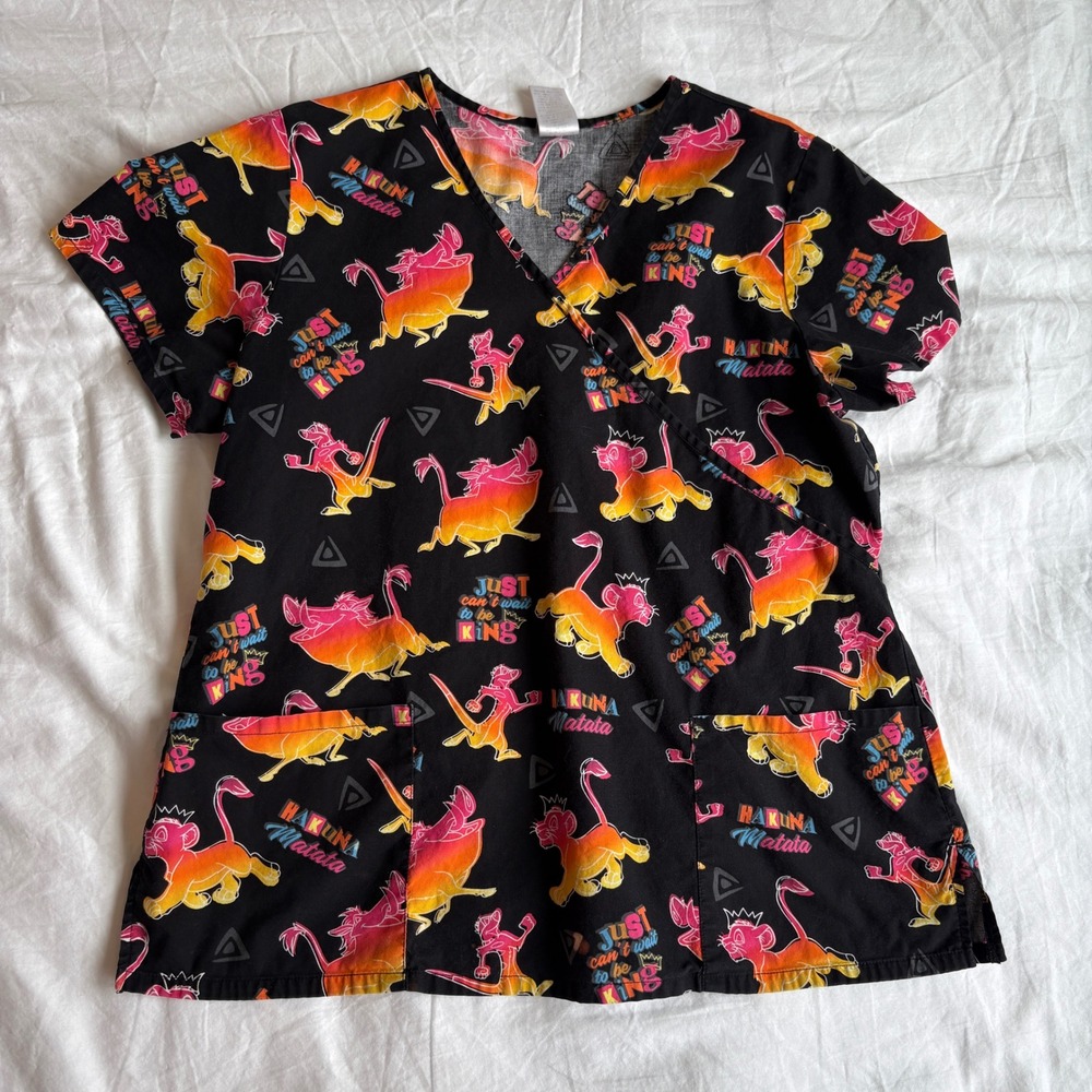 Disney Y2K/Retro Scrub Top Large Black Simba Pumbaa Timon Mock Wrap V-Neck L/G